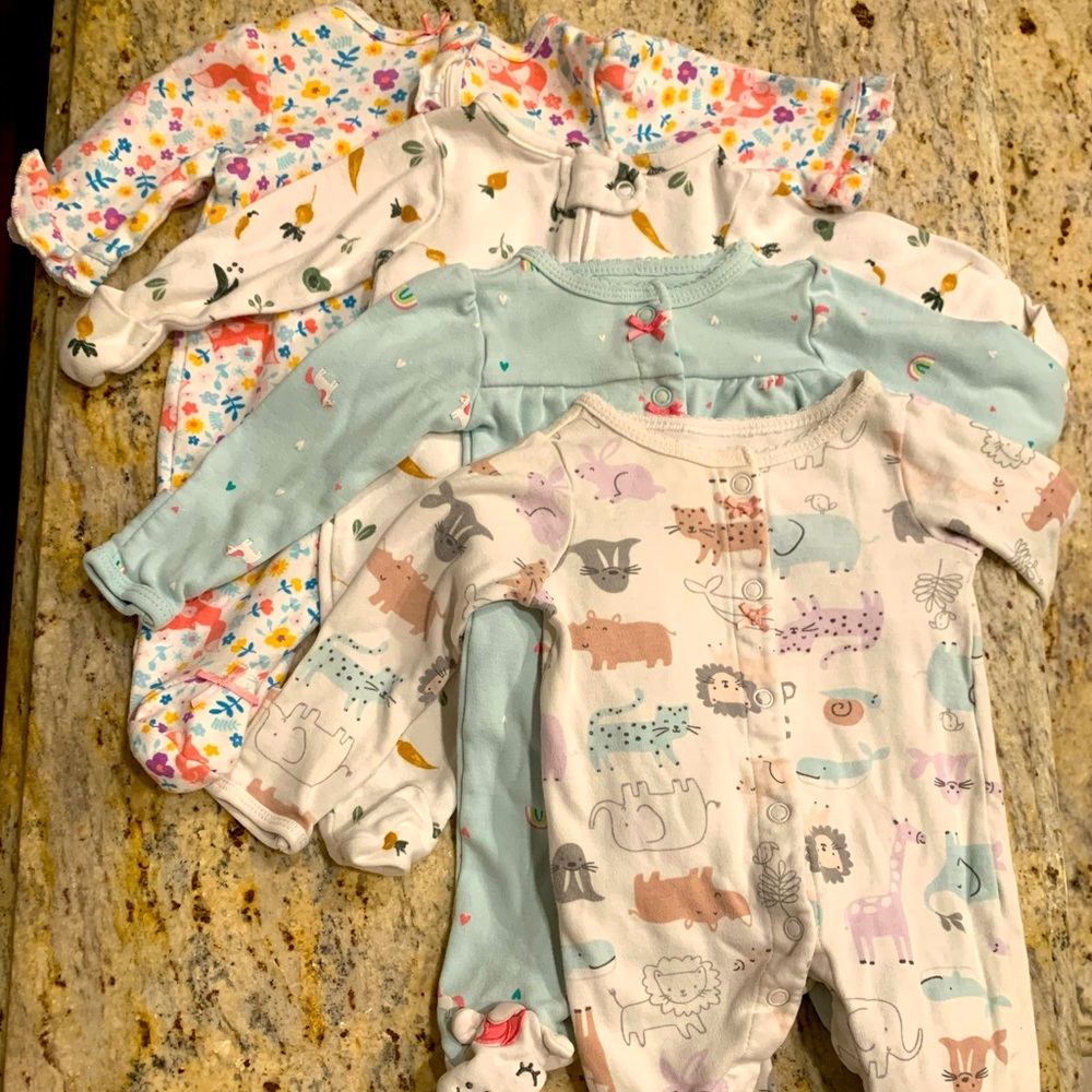 (4) Carters + Little Me NEWBORN Footed Onsies Sleepers